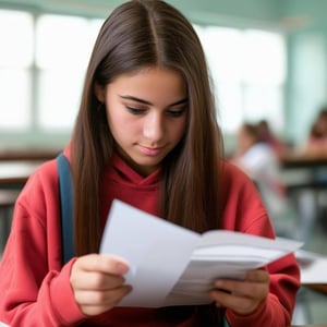 female high school student reading report card